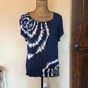 INC International Concepts Navy and White Tie-Dye Blouse